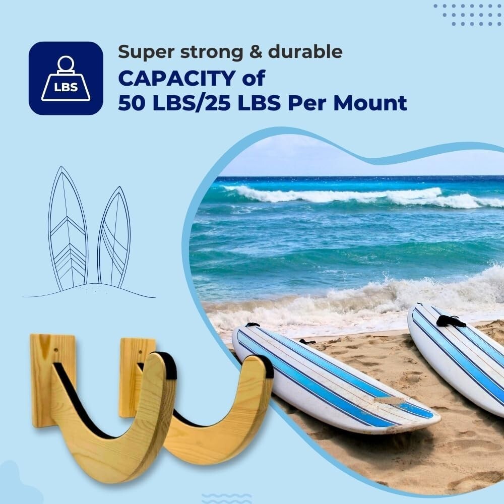 Surfboard Wall Mount Rack – Wooden Surf Board Wall Hangers – Adjustable Outdoor