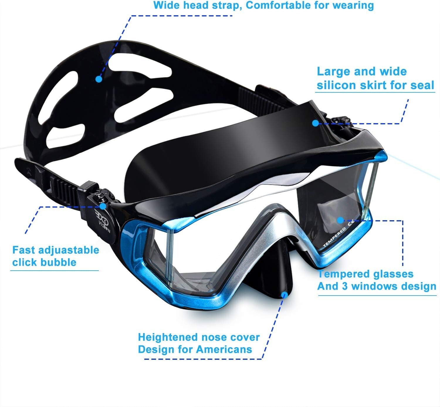 Scuba Diving Mask Tempered Glass Lens Swim Goggles Snorkeling Panoramic Blue