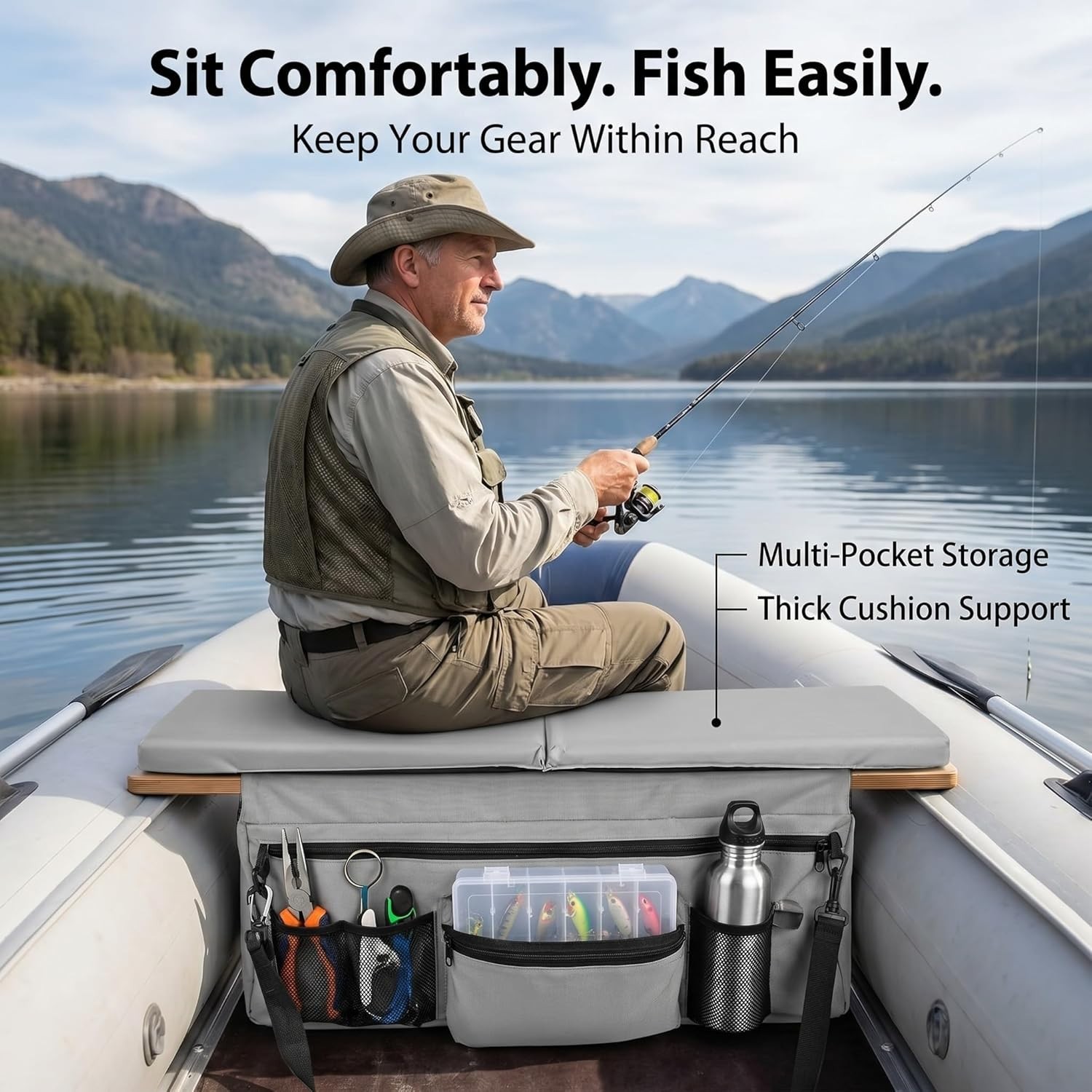 Inflatable Boat Seat Cushion & Underseat Bag, Water-Resistant with Pockets