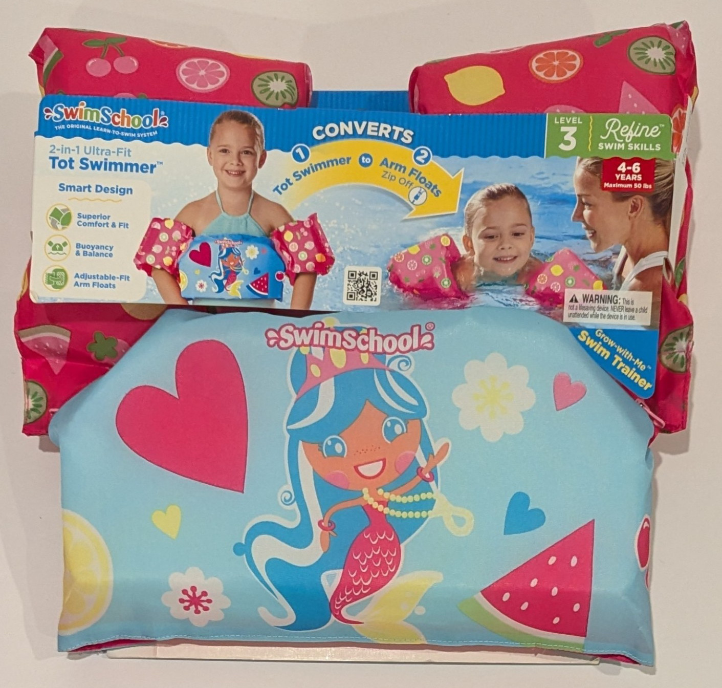SwimSchool 2 In 1 Ultra-fit Tot Swimmer Pink, Max 50 pounds L3 Mermaid, 4-6 y/o