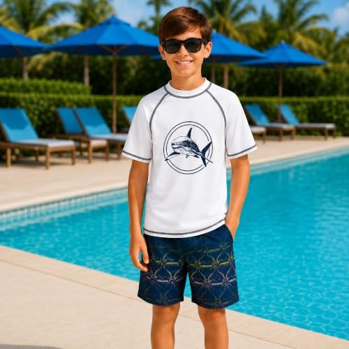 iXtreme Boys Swim Set – 2 Piece Rash Guard Short Sleeve Swim 5 White/Blue Shark