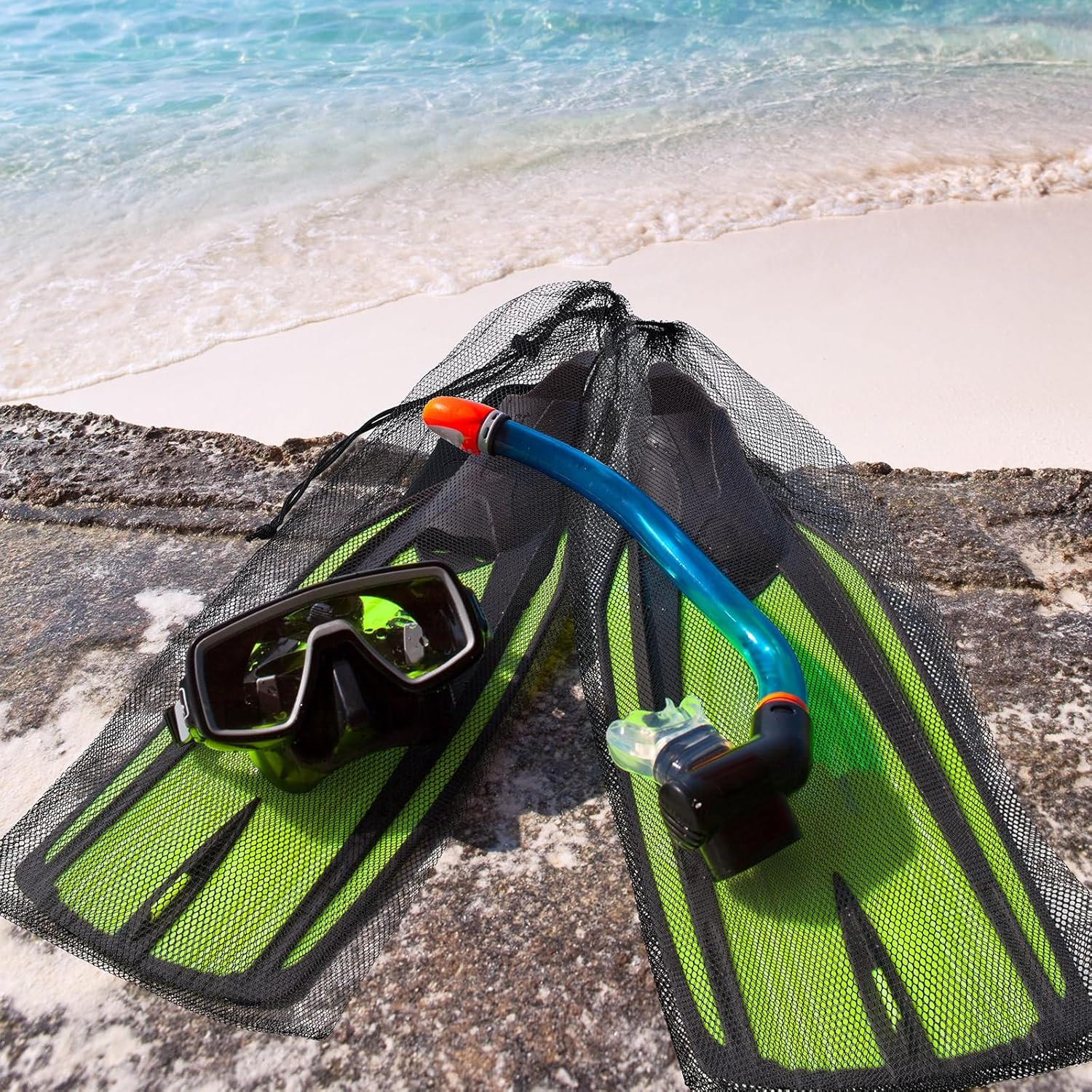 2 Pcs Diving Snorkeling Mesh Drawstring Bags 29.5×10.8 Inches Black Quick-Dry Ge