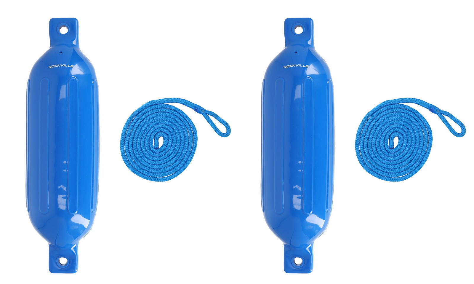 (2) Rockville FEN165-BLUE 6.5″x23″ Boat Fenders + 10 Foot Line Marine Bumpers