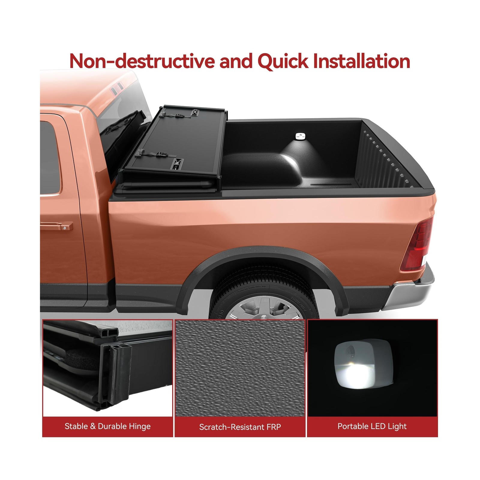 LEDKINGDOMUS FRP Hard Folding Truck Bed Tonneau Cover Fits for Dodge Ram 1500…