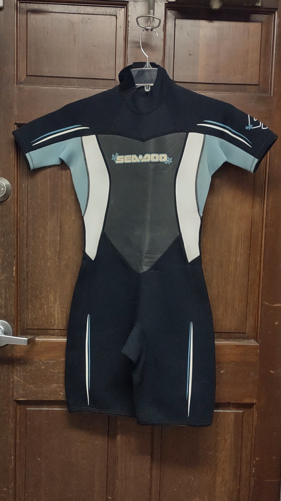 SEA-DOO Stallion Wetsuit Ultra 4-Way Flex Stretch Womens Sz 9/10 Black Gray Blue