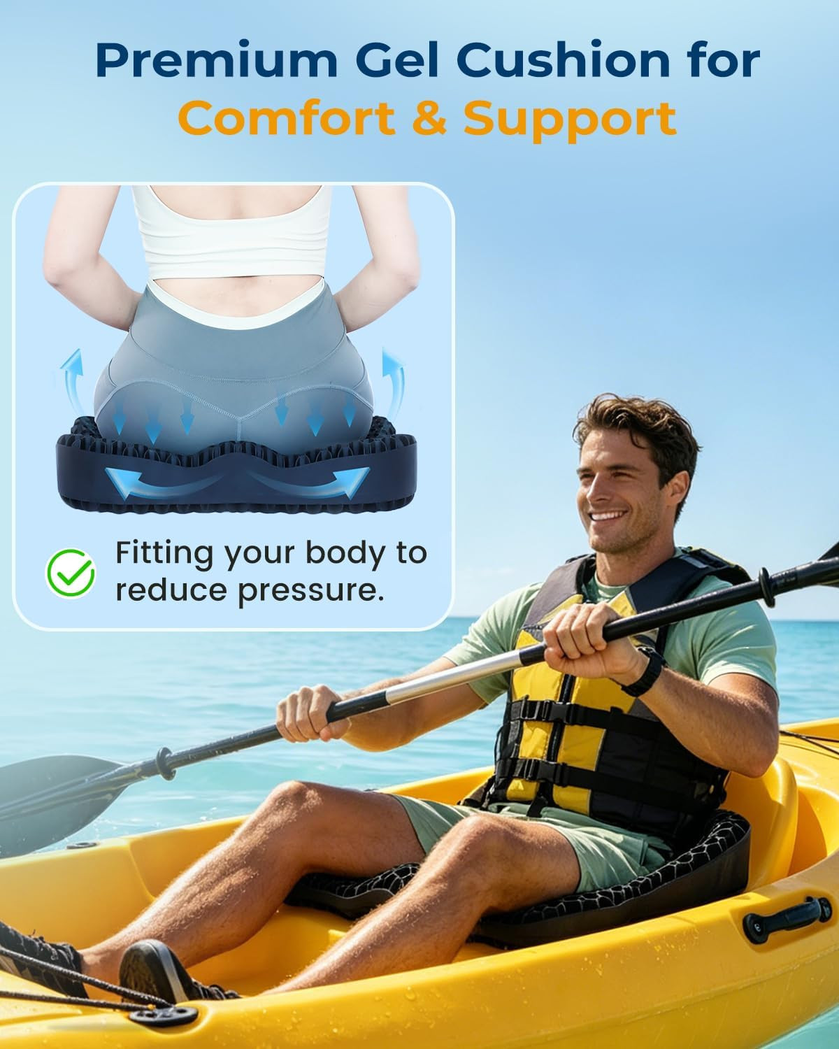Premium Gel Kayak Seat Cushion, Thickened Non-Slip Waterproof Seat Pad, Breathab