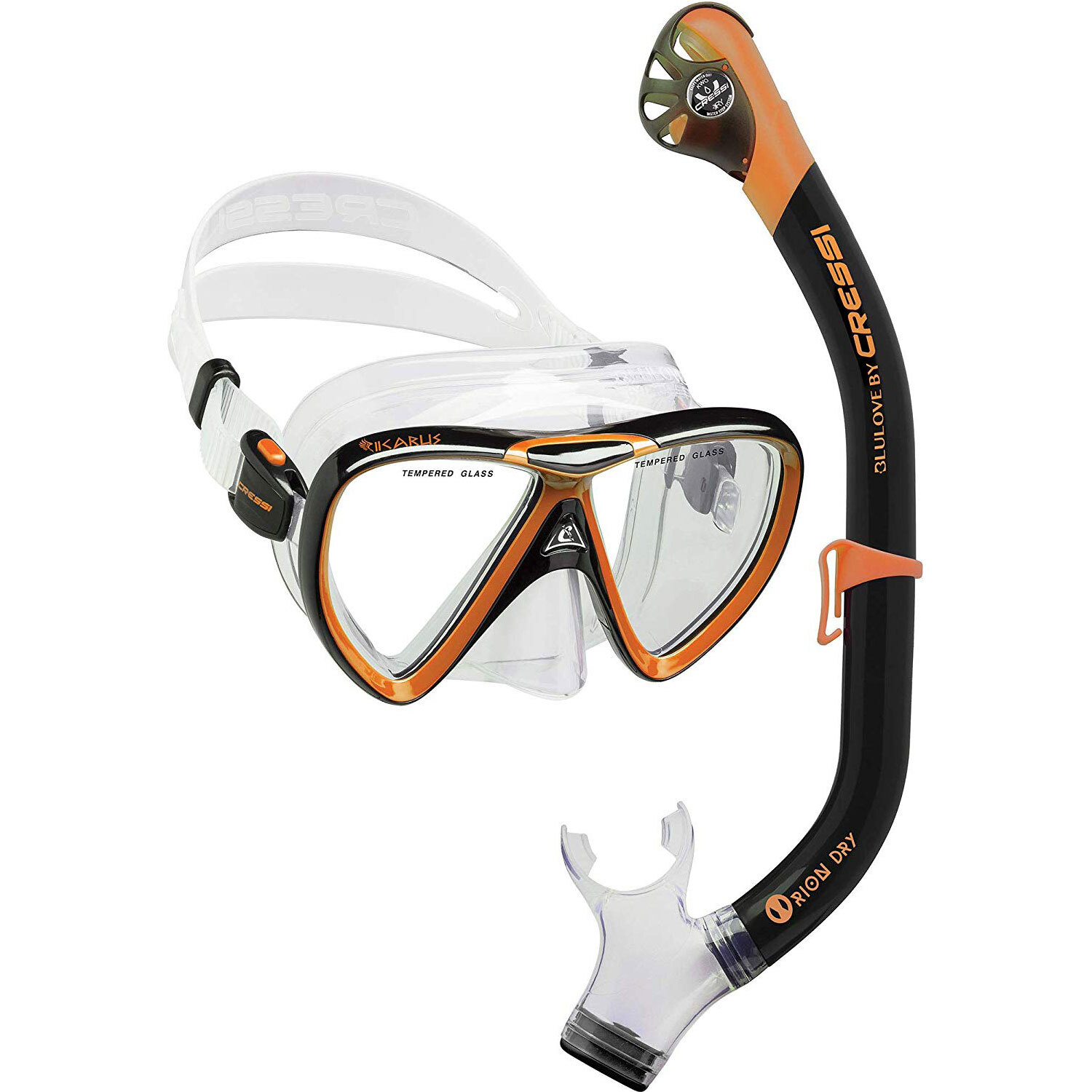 Cressi Ikarus & Orion Dry Mask Snorkeling Set – Black/Orange
