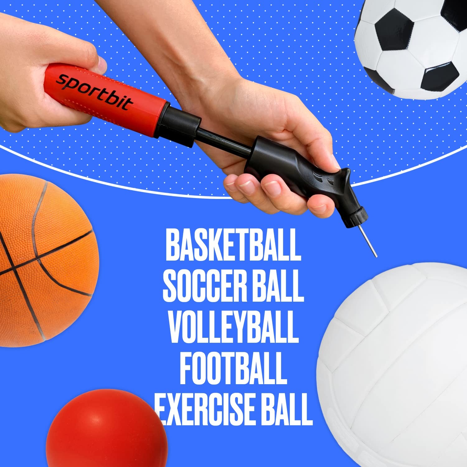 SPORTBIT Ball Pump for Sports Balls – Push & Pull Inflating System – Hand RED