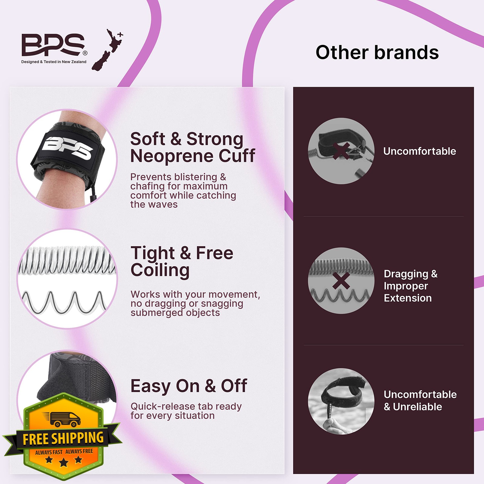 BPS Bodyboard Leash 4ft Coil Koru Clear