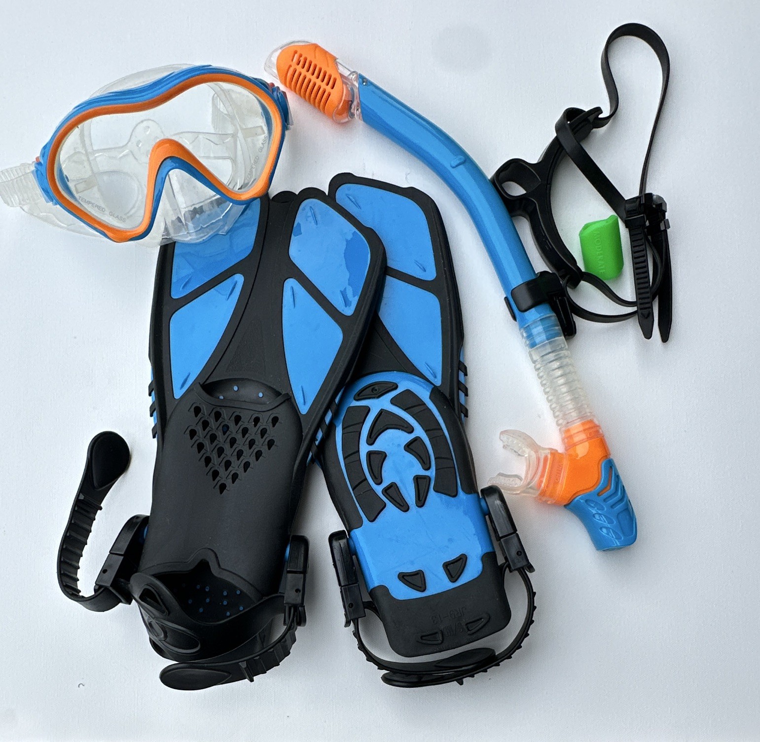 Kids Snorkel Set Mask Tube Fins S/M JR9-13 Blue/Orange Blue/Black Mesh Bag