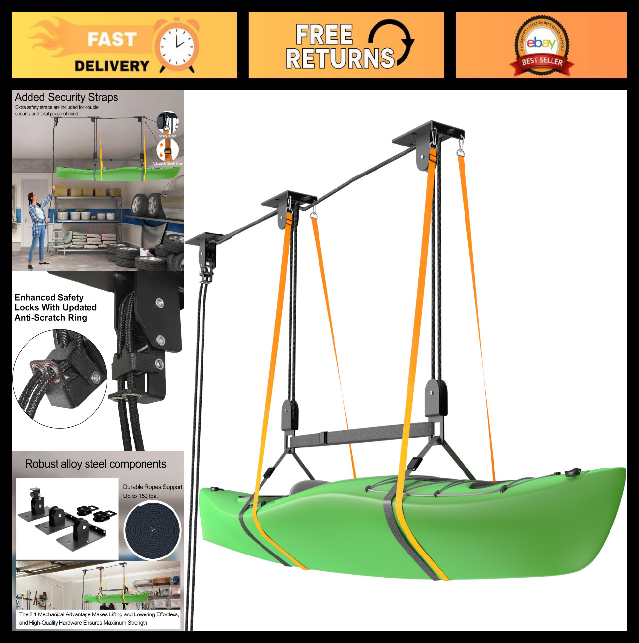 Canoe Hoist Pulley System for Garage Ceiling, 150 lbs Capacity, Overhead Space S
