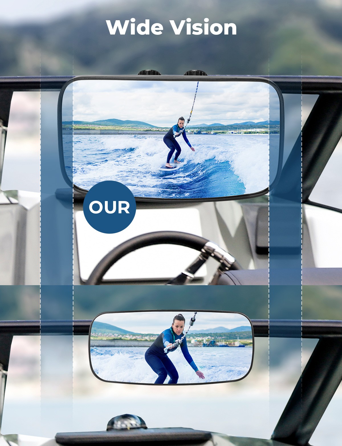 KEMIMOTO Boat Rear View Mirror Ski Marine Pontoon Mirror with 300°Curved Surface
