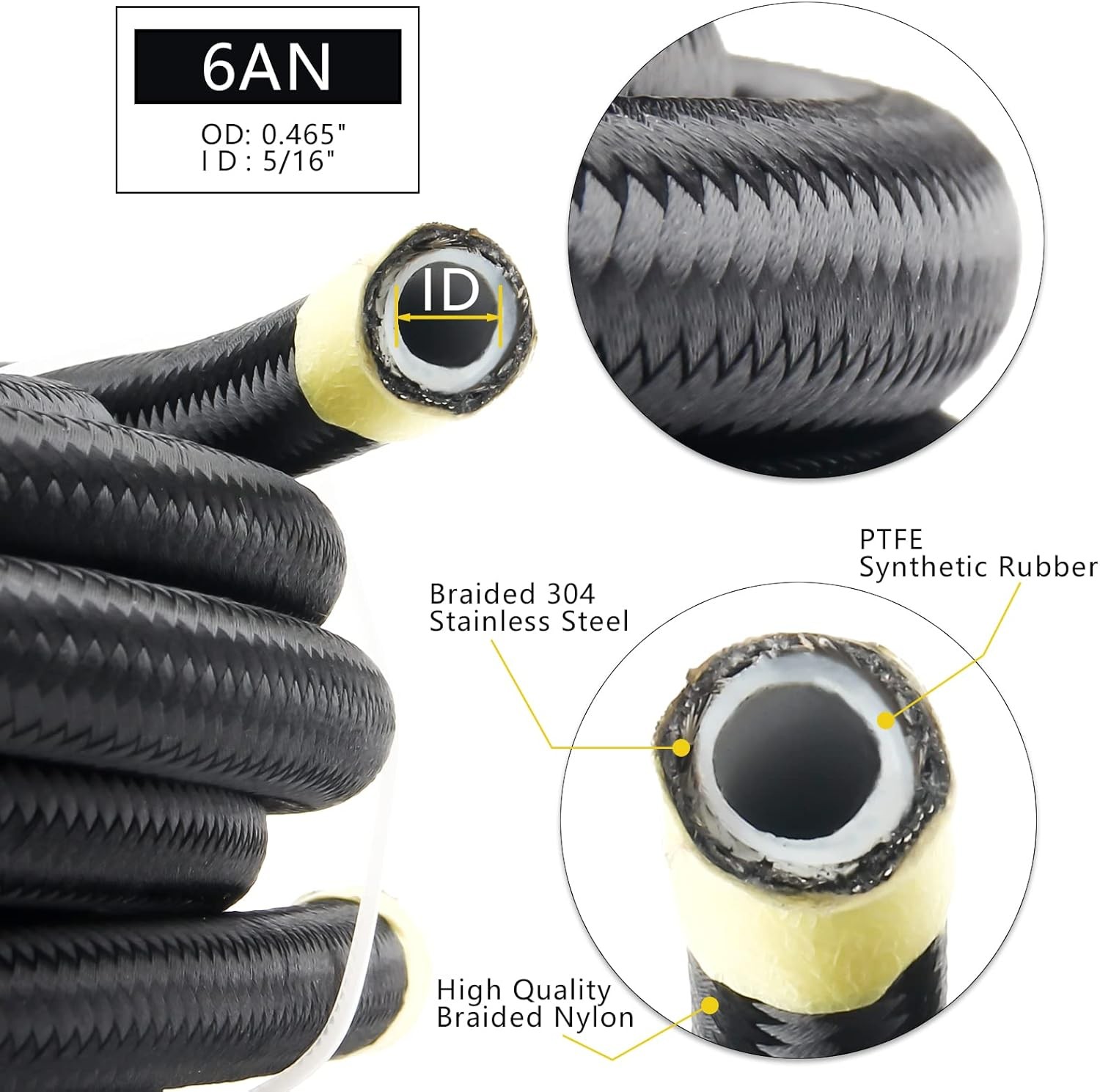 Braided Fuel Line 6AN 26Ft PTFE Stainless for E85 Injection