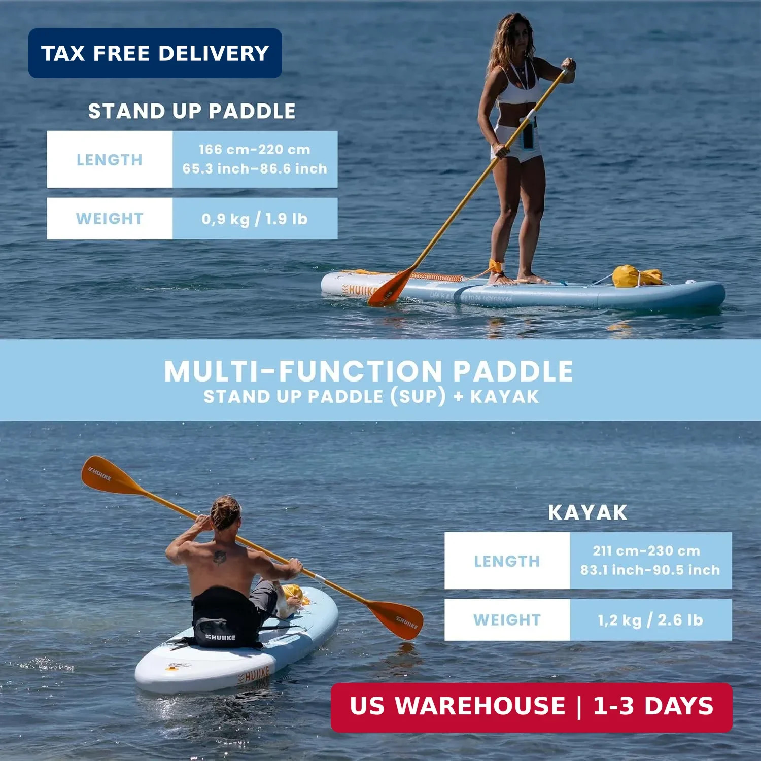 HUIIKE Paddle Board Paddle 2-in-1 Aluminum Sup Paddleboard Oar & Kayak Detachabl