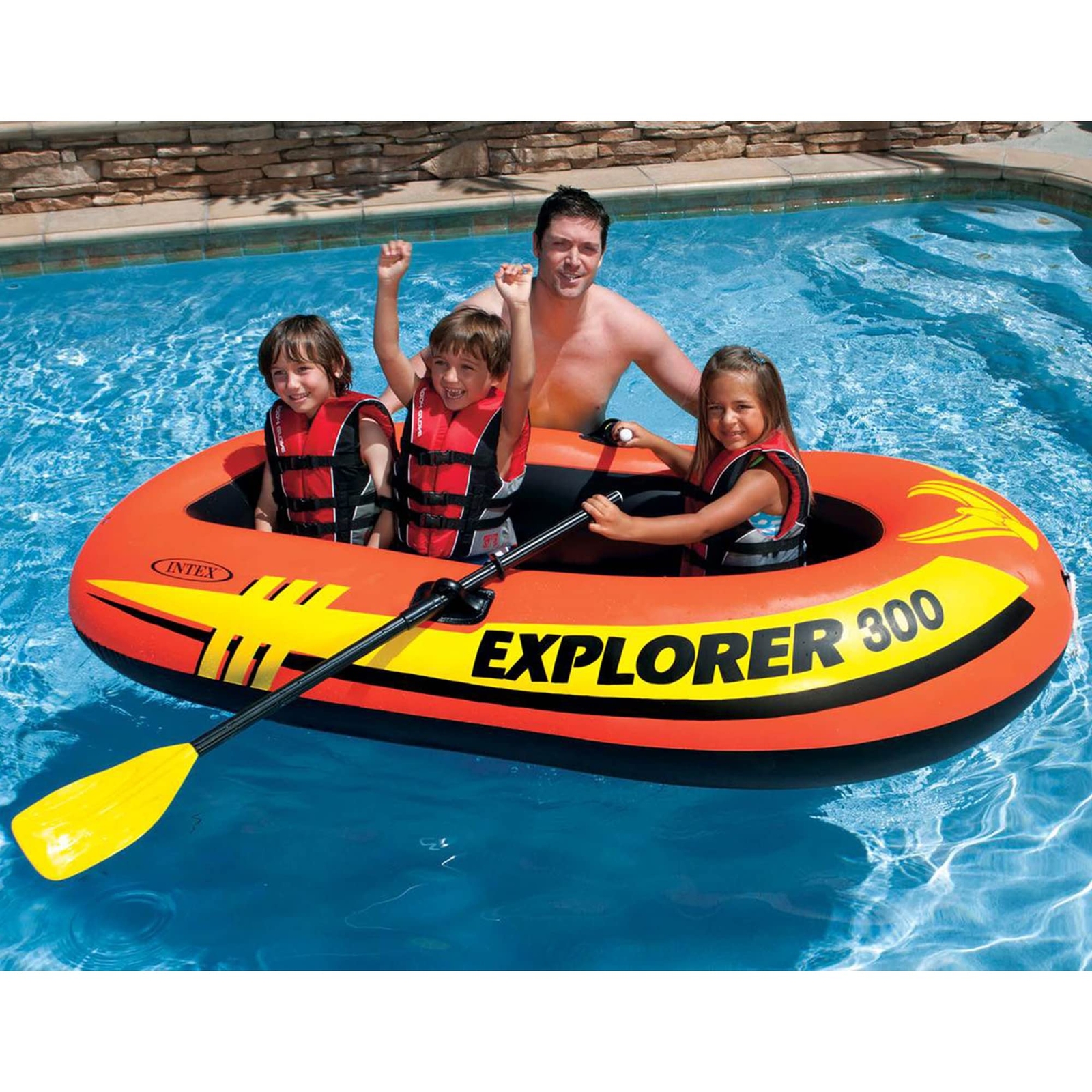 Intex Explorer 300 3 Person Yellow Inflatable Boat with Deluxe Oars and Patch
