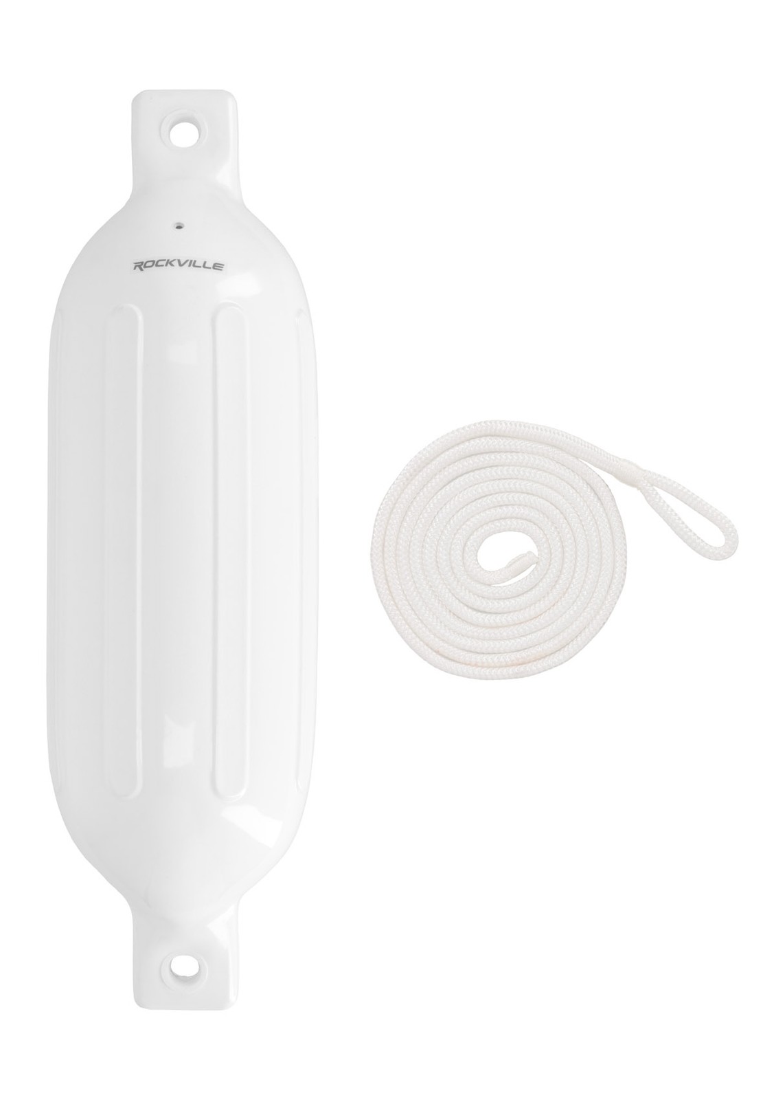 (2) Rockville FEN165-WHITE 6.5″x23″ Boat Fenders + 10 Foot Line Marine Bumpers
