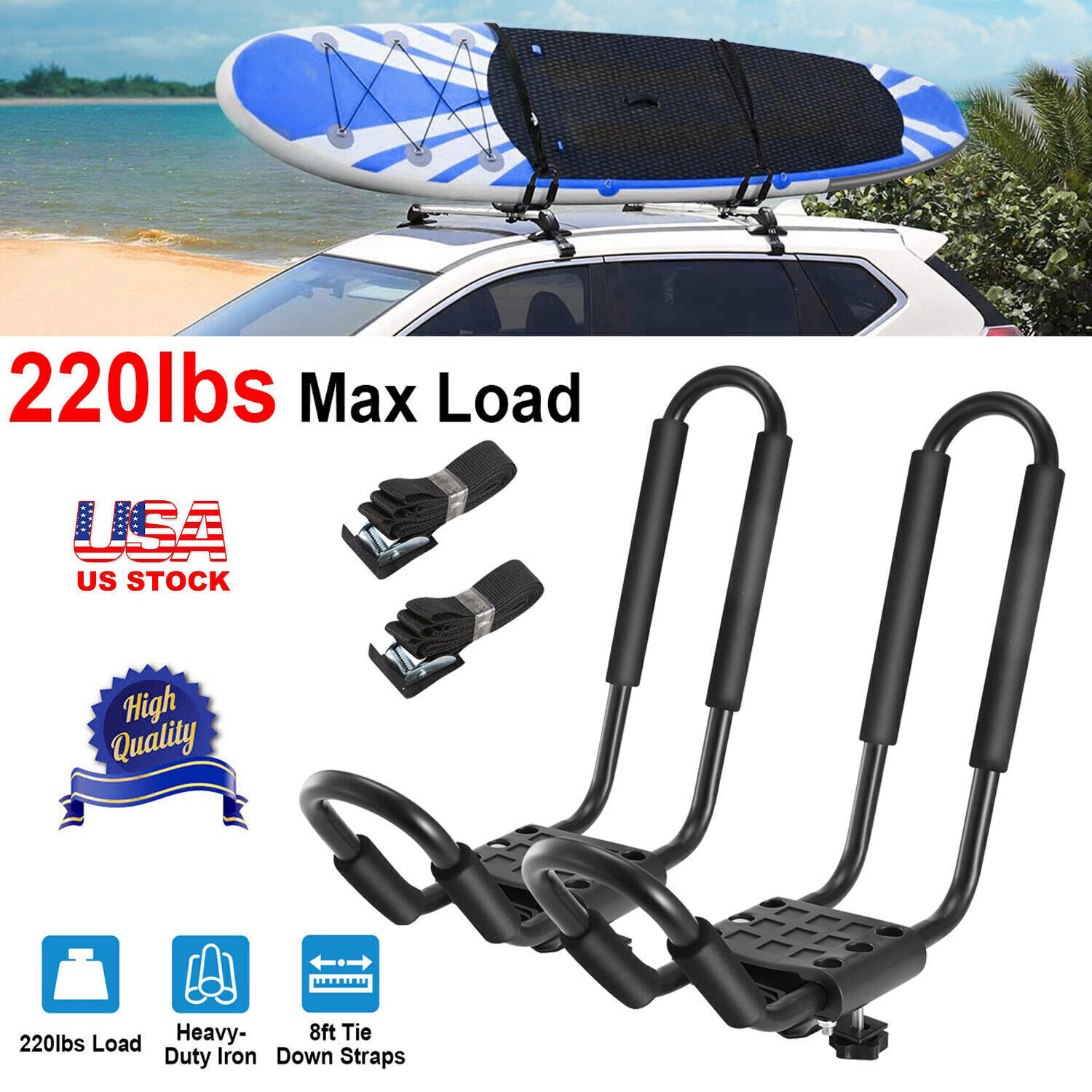 Universal Kayak Carrier 220LBS Load Heavy Duty Boat Car Roof Mount J-Bar Rack