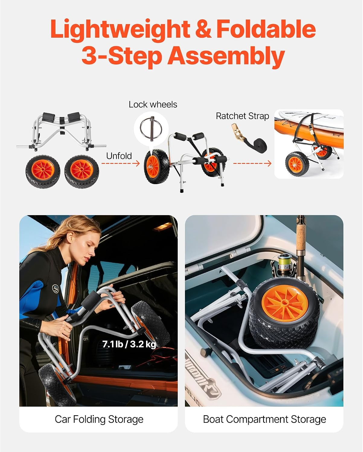 250 Lbs Kayak Cart, Foldable Kayak Trolley with 10-Inch Solid Rubber Tires & 1 R