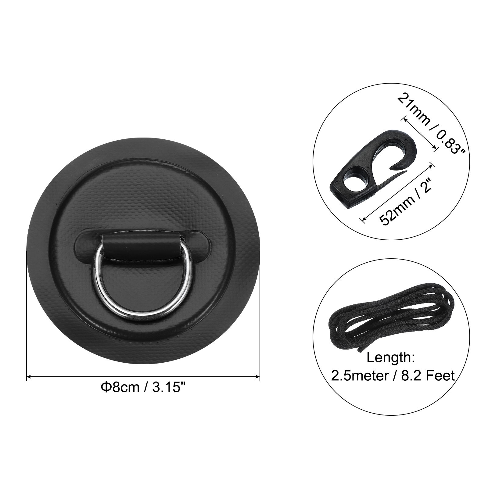 6Pcs Stainless Steel D-Ring Patch Round Patch with Elastic Cords & Hooks Black