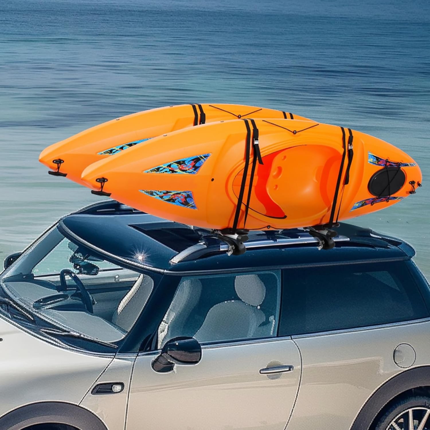 Kayak Roof Rack 2 Pairs J-Bar, Soft Roof Rack Quick Folding, Top Mount Tie Down,