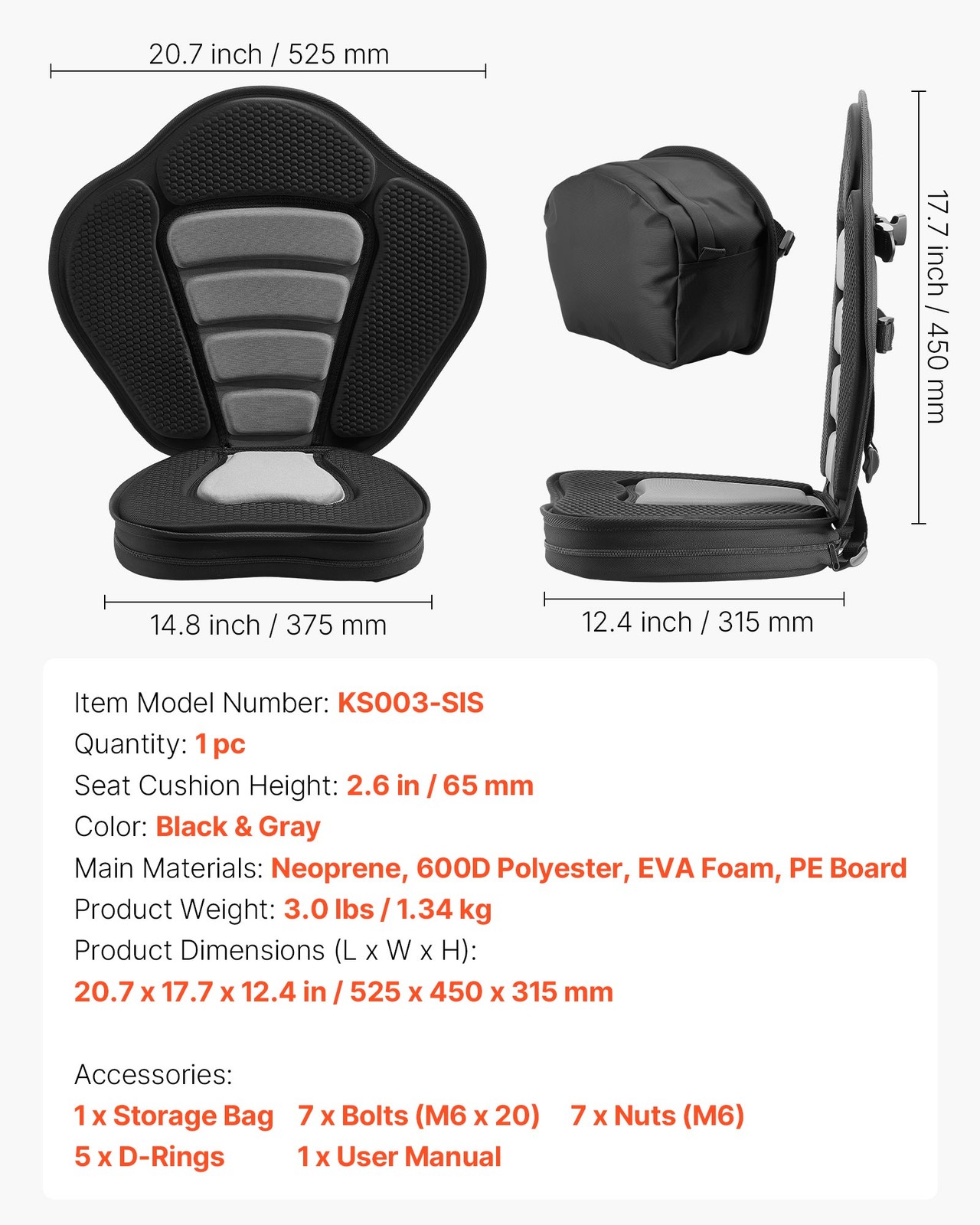 VEVOR Kayak Seat Universal Padded Kayak Seat Cushion Backrest 1 Pack 2.6″ Thick
