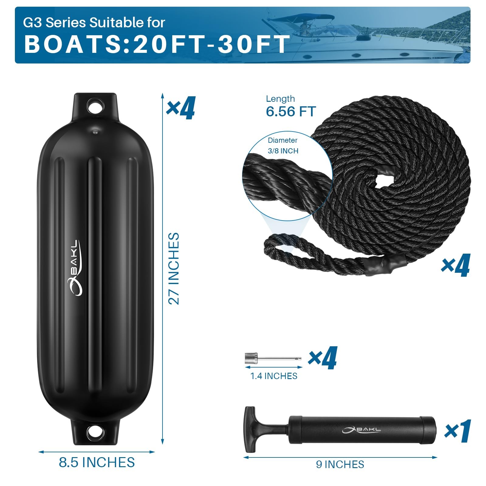 OBAKL Boat Fenders 4 Pack 8.5 x 27 Inches Ribbed Twin Eyes Obsidian Black