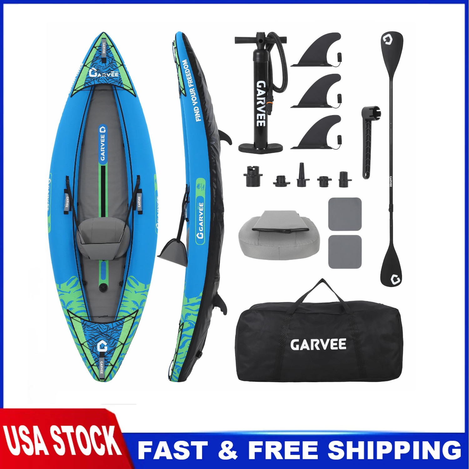 Inflatable Kayak 1 Person River Fishing Kayak with Padded Seat 3 Fins Pump Bag