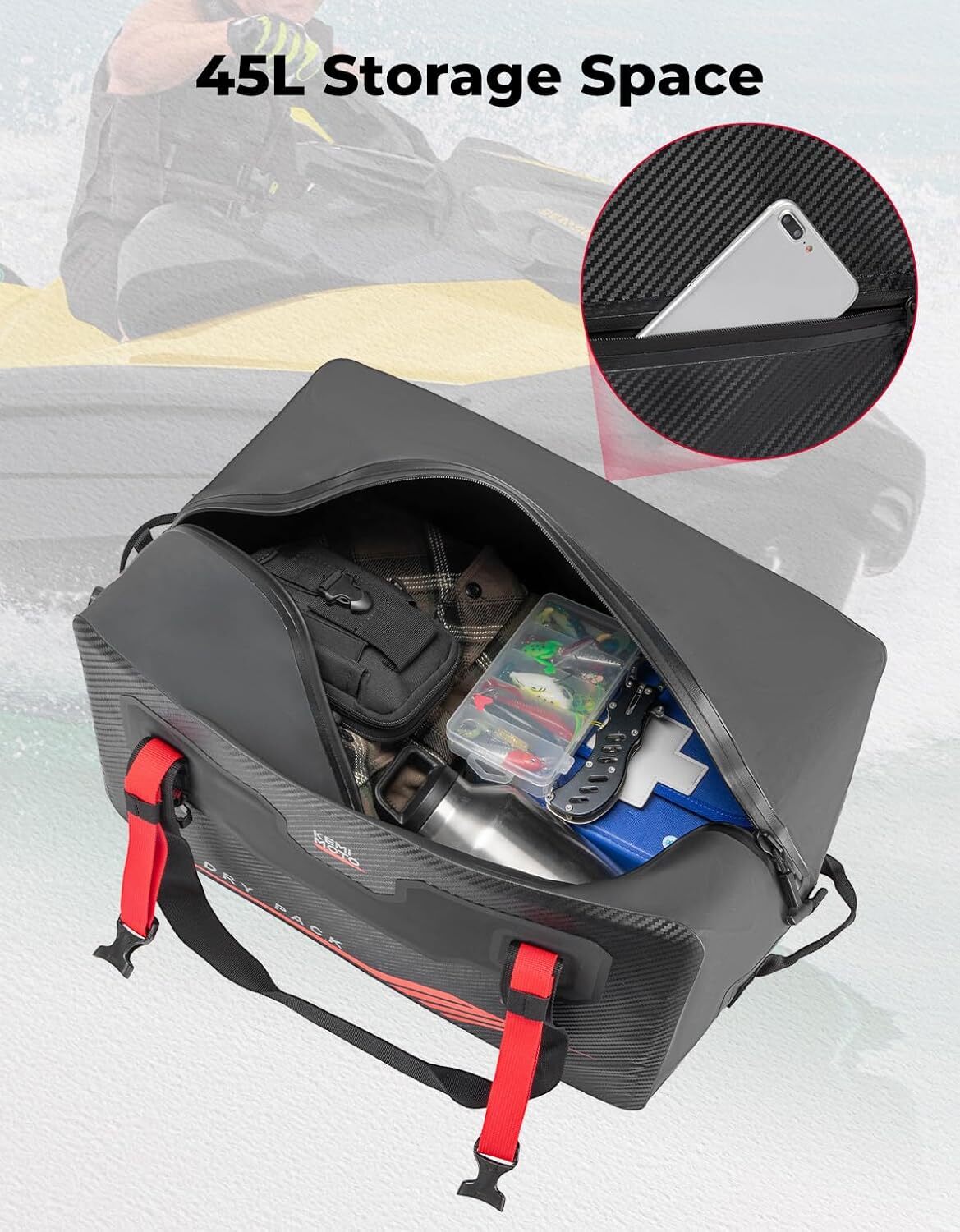 KEMIMOTO Waterproof Duffle Bag 45L Heavy Duty Marine Dry Bag Jet Ski Tail Bag