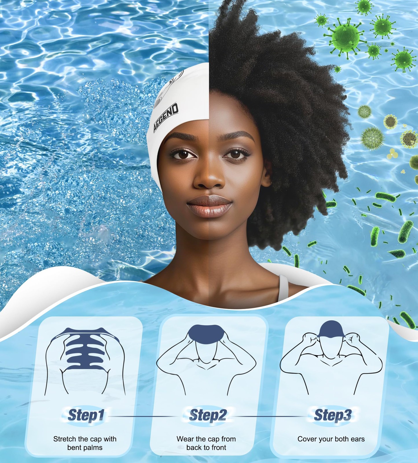 Aegend Swim Caps for Long Hair, Durable Silicone White Black Bow – 1 Pack
