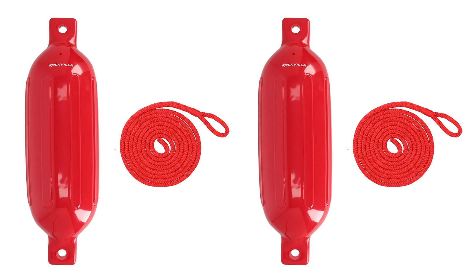 (2) Rockville FEN165-RED 6.5″x23″ Boat Fenders + 10 Foot Line Marine Bumpers