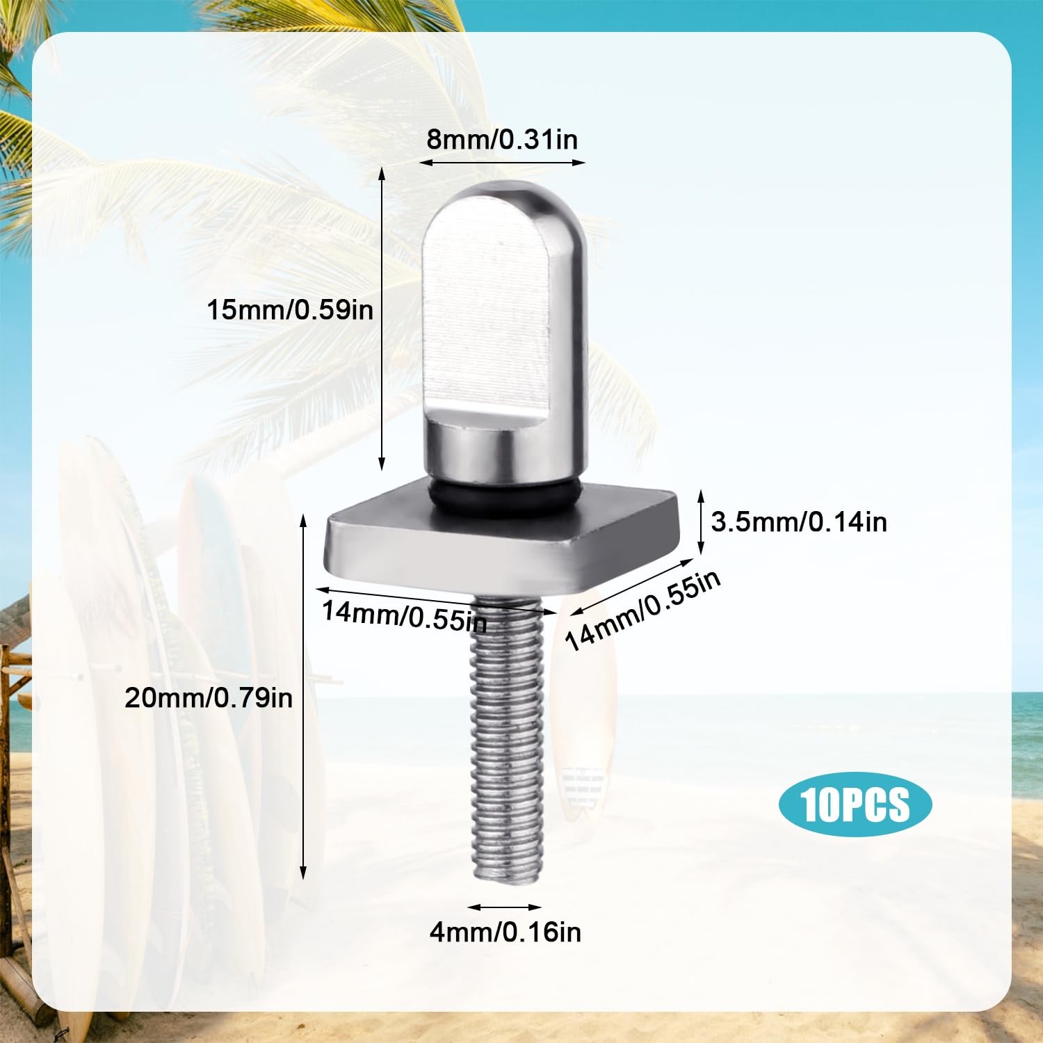 10pcs Surfboard Fin Screws, 316 Stainless Steel Paddle Board Screw silver