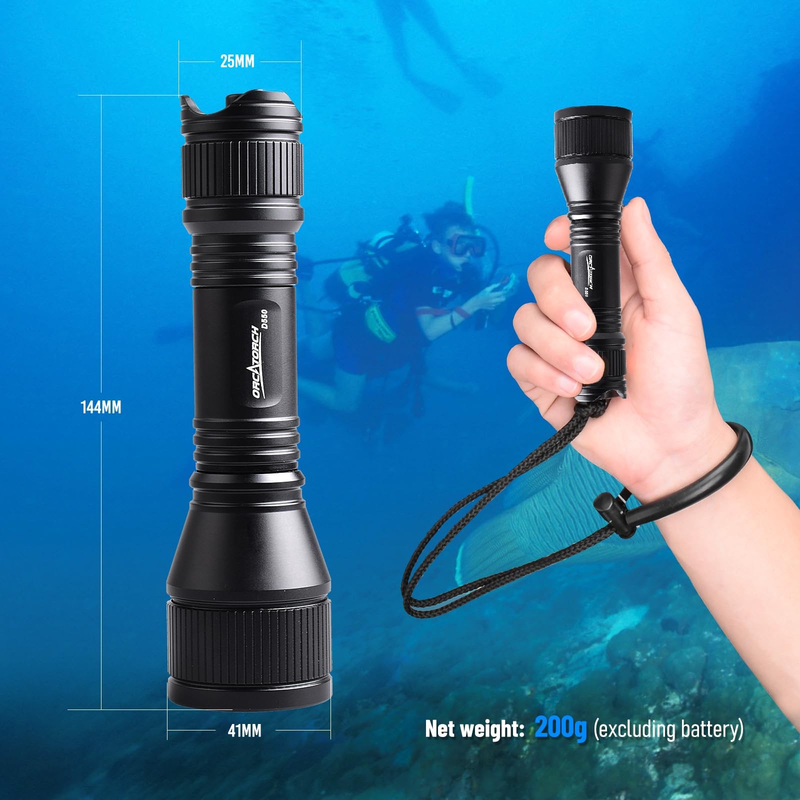 Orcatorch D550 Scuba Dive Light 1000 Lumens Underwater Flashlight 3 Modes Tail