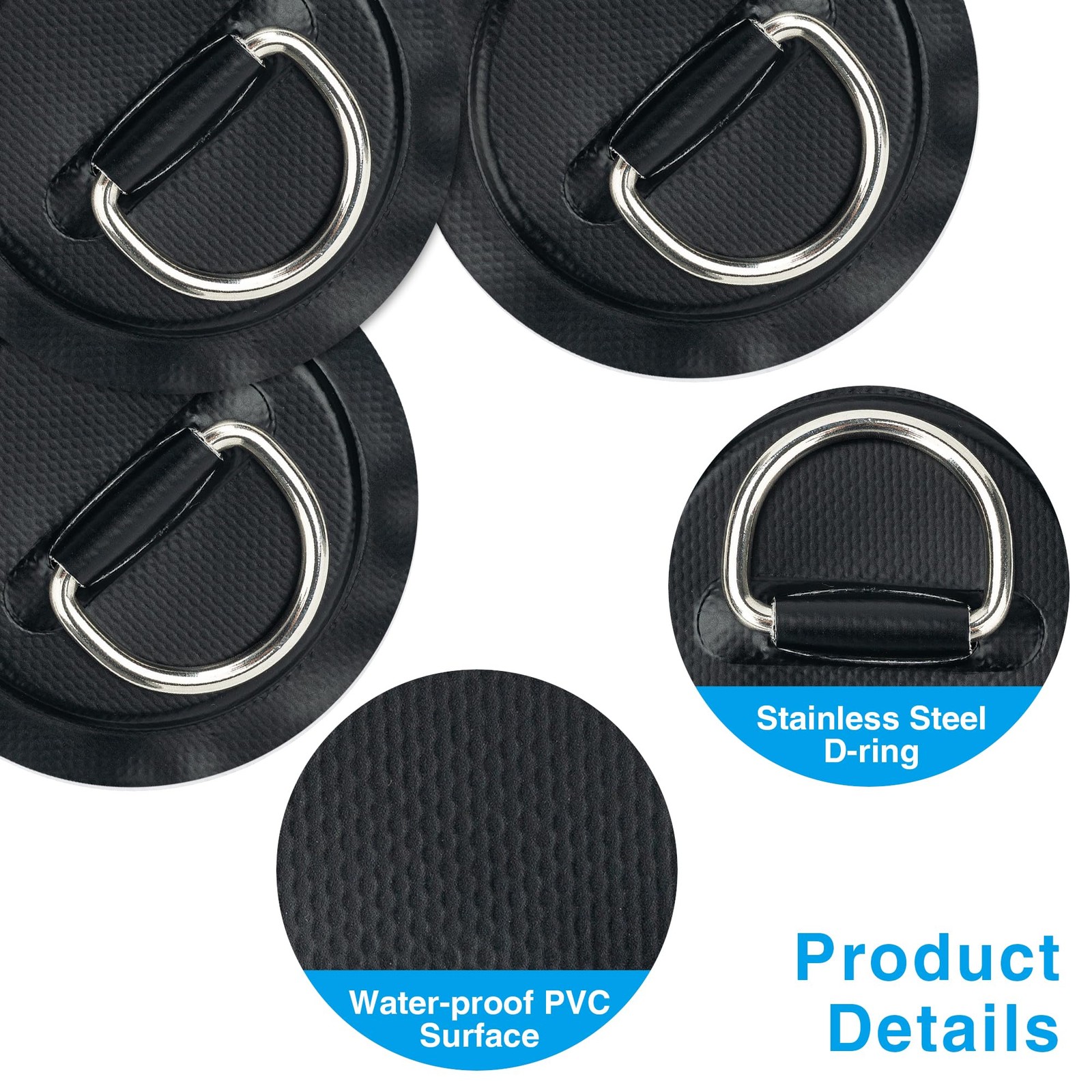 Omoojee Stainless Steel D-Ring Patch Kit, PVC Paddle D-ring×6 Black, Black