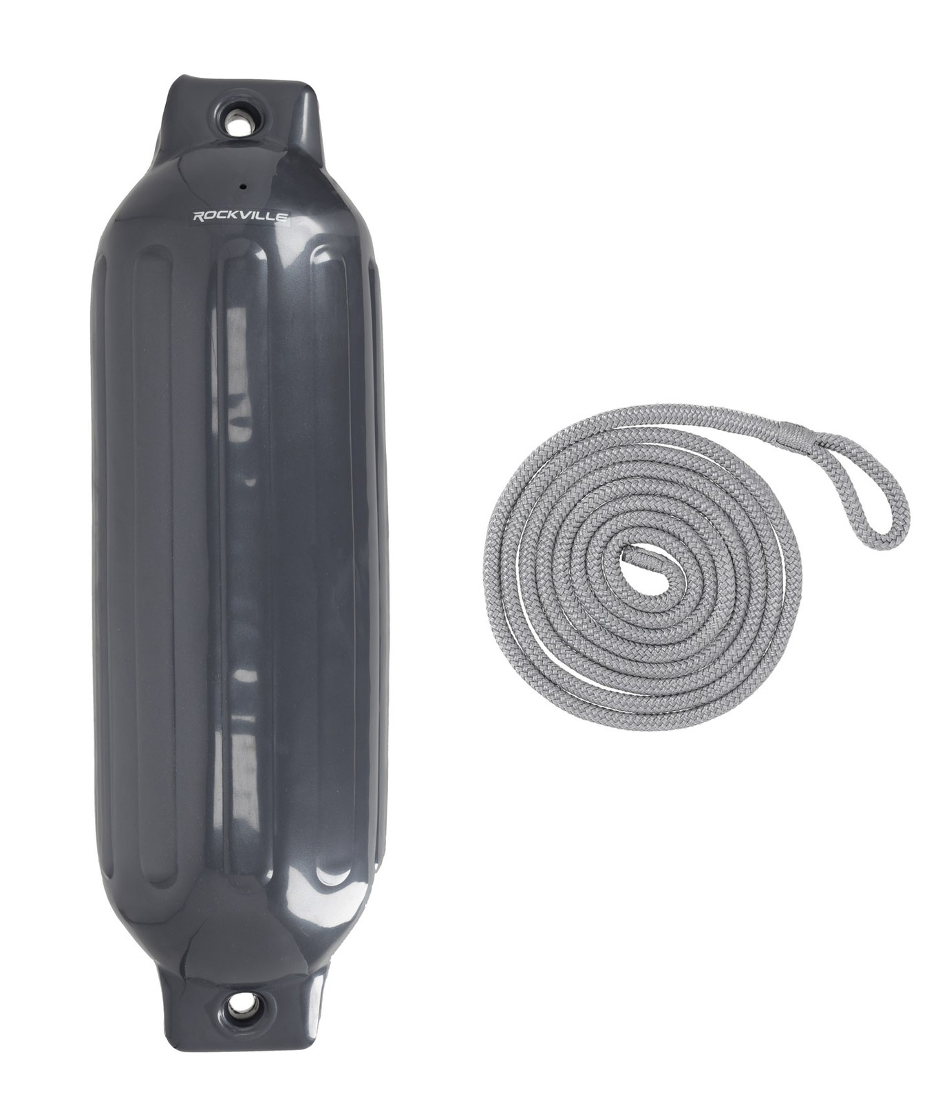 (2) Rockville FEN185-GREY 8.5″ x 27″ Boat Fenders + 10 Foot Line Marine Bumpers