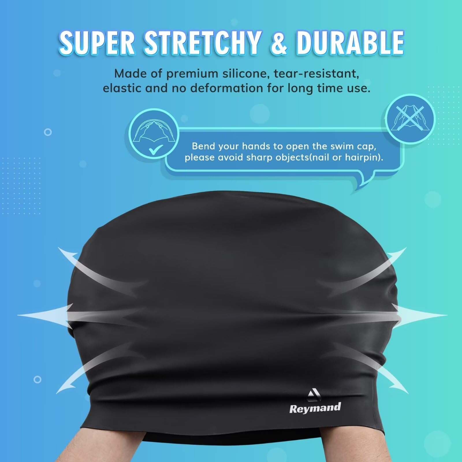 Swim Cap for Long Thick Hair, 3 Size Silicone Swimming Caps X-Large, Black