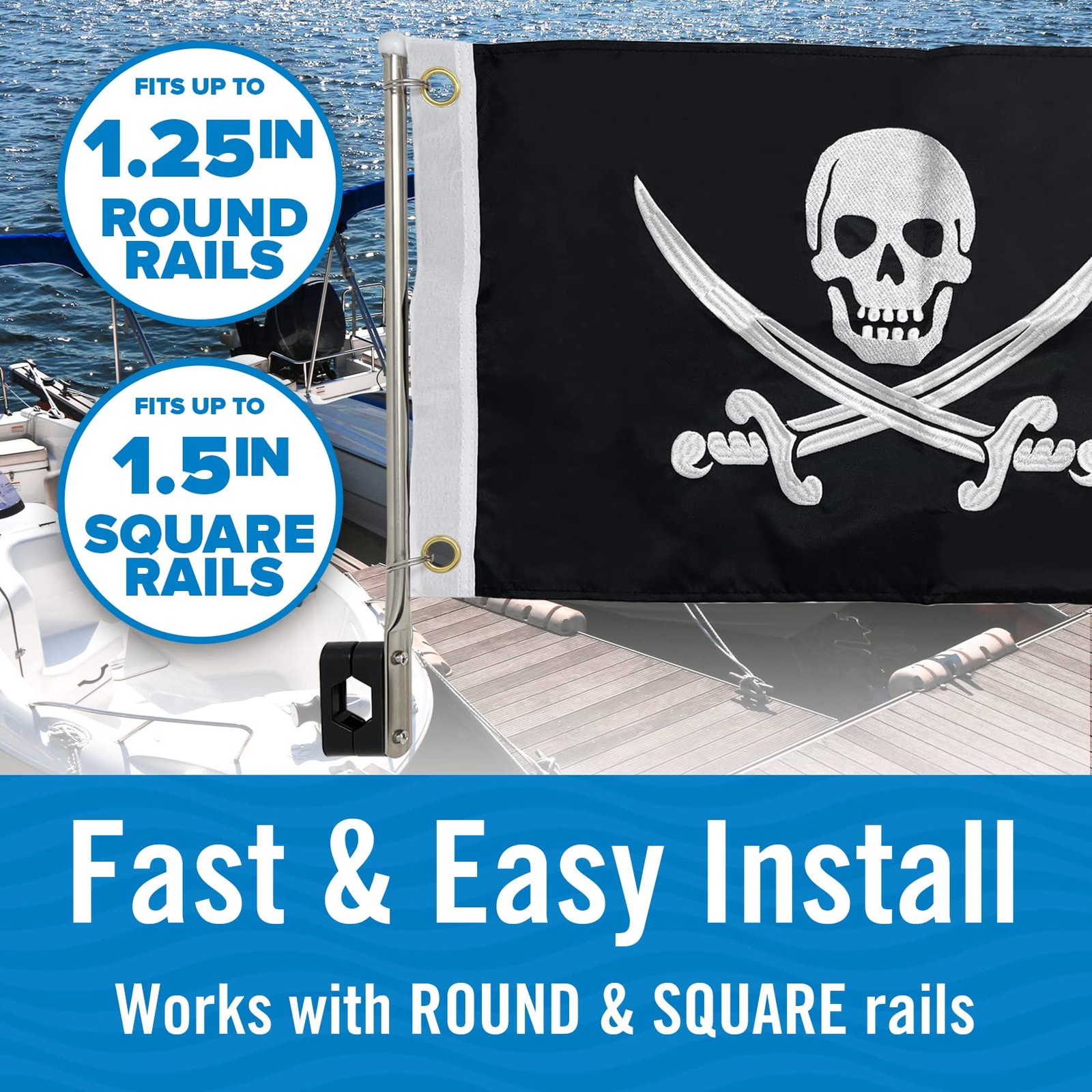 Pirate Flag Boat Pole Kit, 12″ x 18″ Jolly Roger Set,