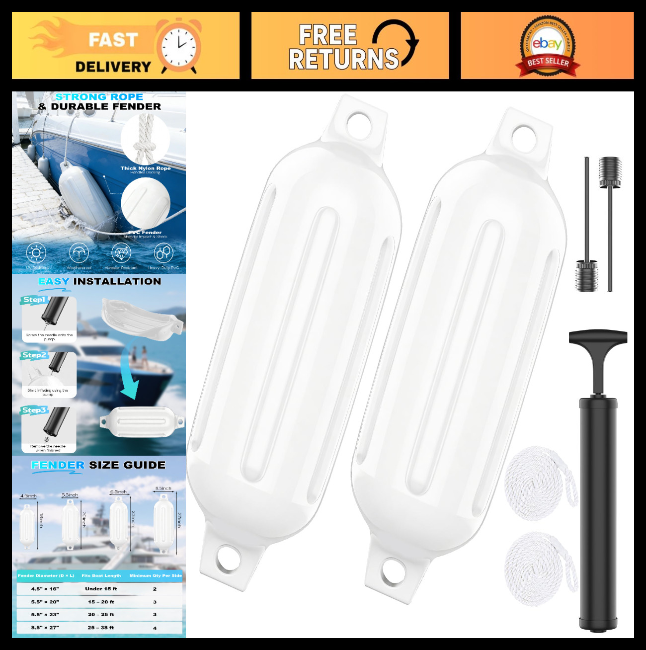 Inflatable Boat Fenders 2-4 Pack, Marine-Grade PVC Bumpers with Ropes, Twin-Eye