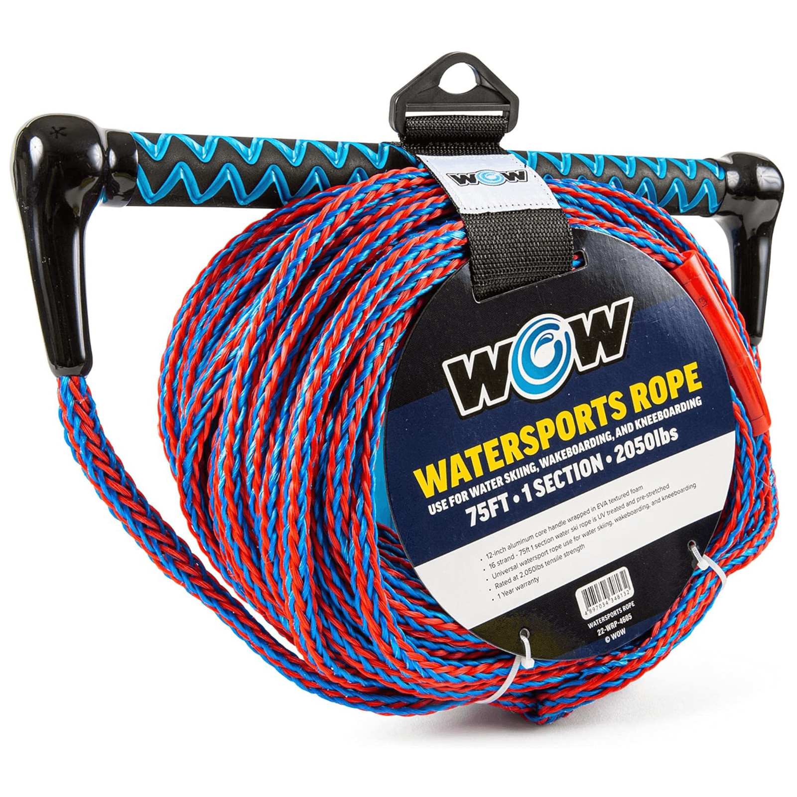 WOW Watersports 75ft Watersports Tow Rope with EVA Handle for Non-Slip Grip
