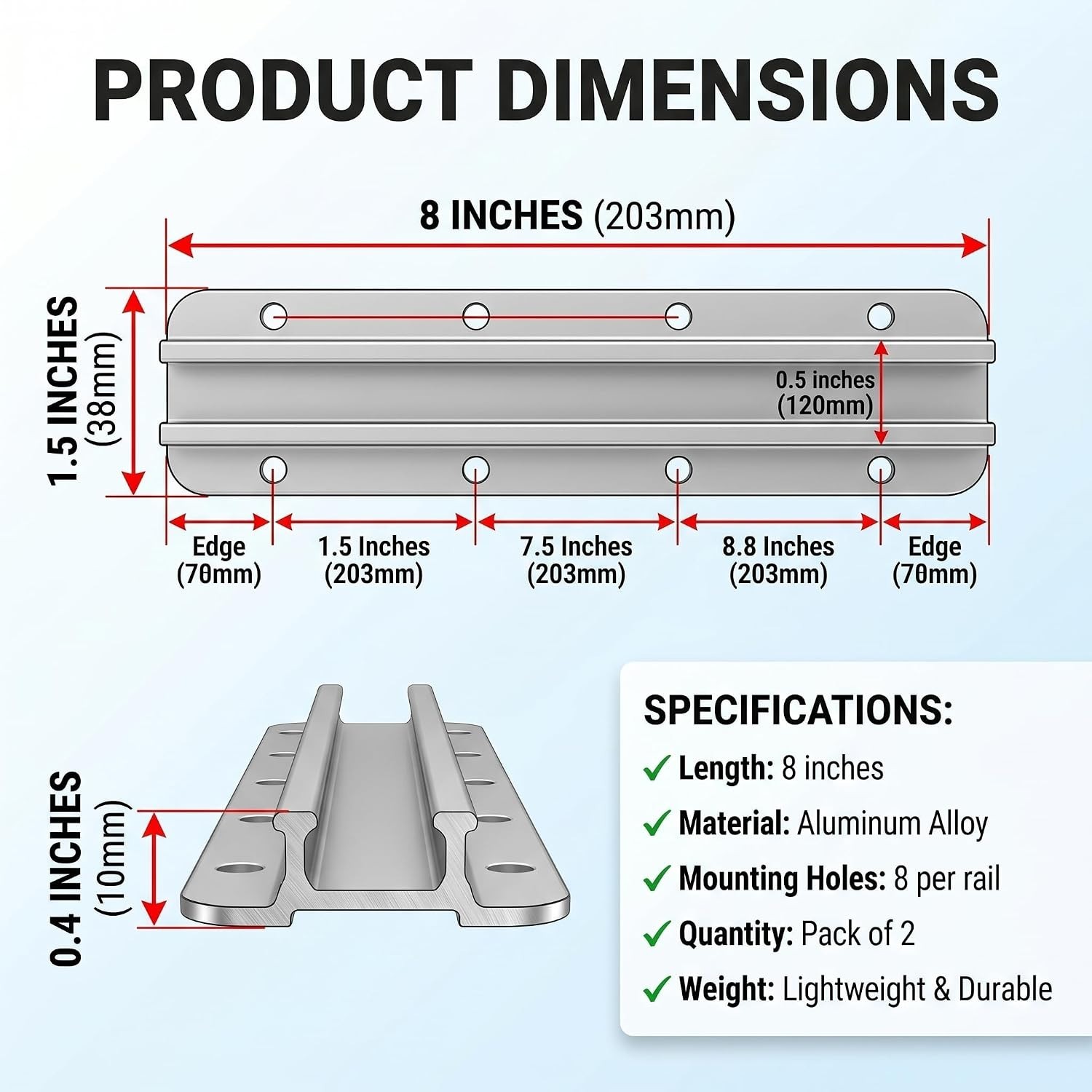 Lightweight 8 Inch Aluminum Kayak Rail – Ideal for Fishing Rods and Electronics