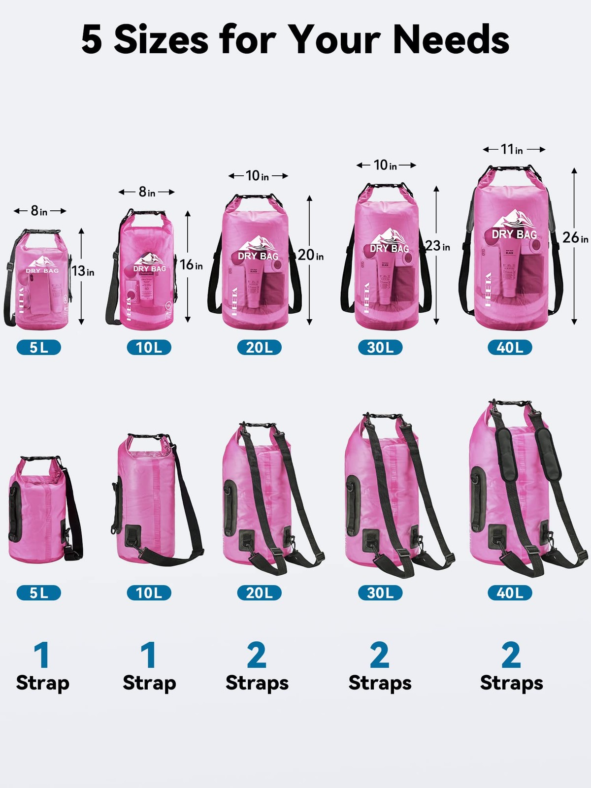 HEETA Dry Bag Waterproof for Women Men, Roll Top Lightweight 5L, Rose Red