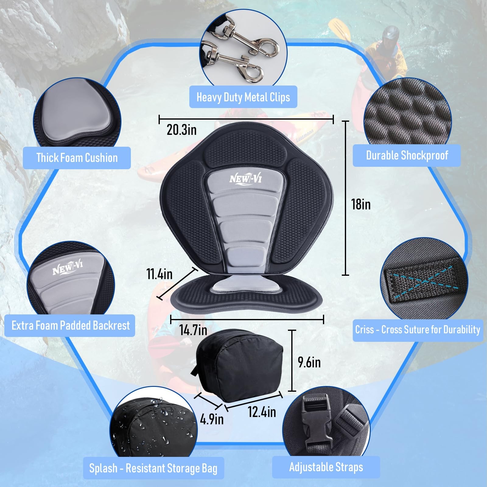 NEW-Vi Universal Deluxe Detachable Kayak Seat Paddle Board Black/Gray