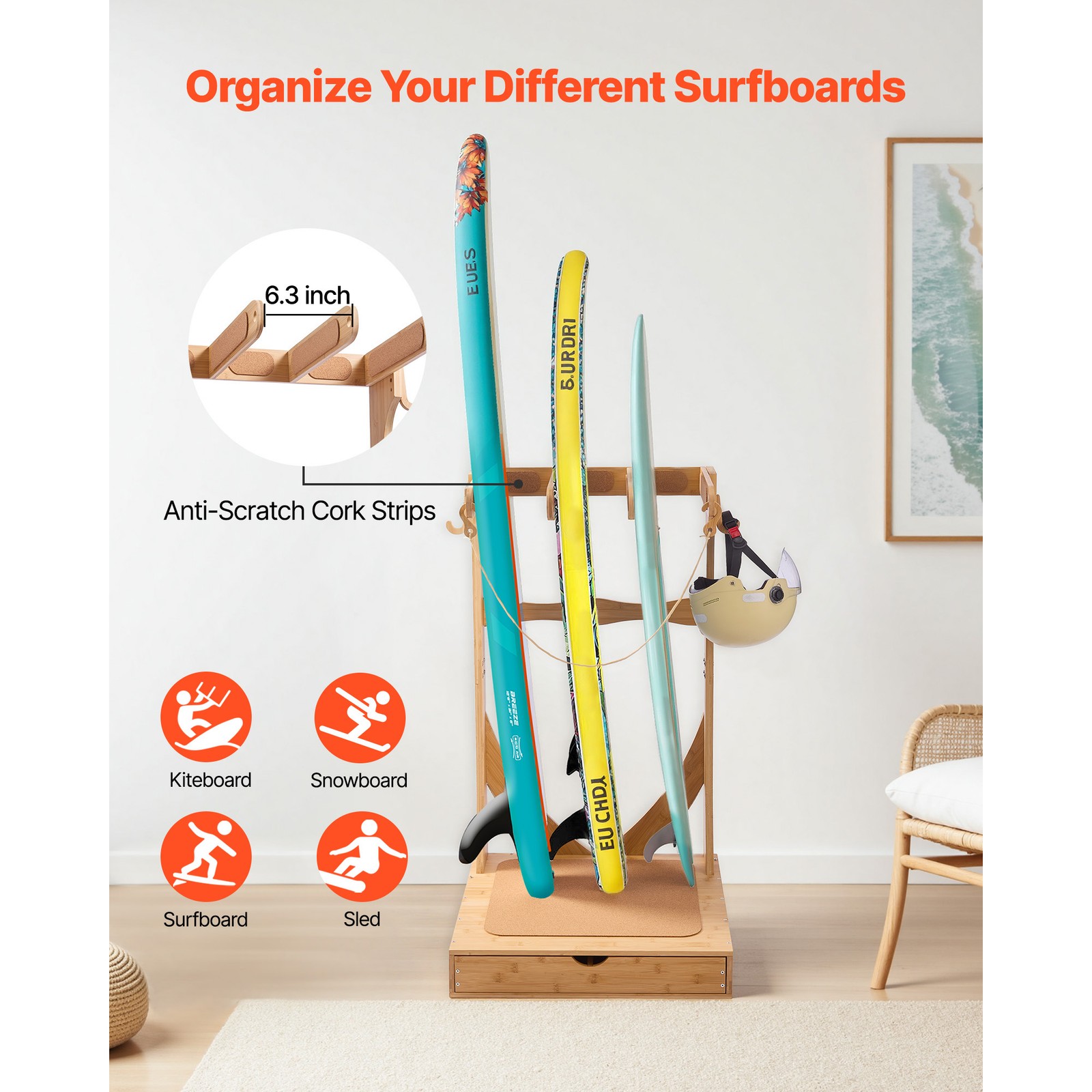 Uimoso Vertical Surfboard Rack 3 Tiers Wooden Stand for Storage and Display