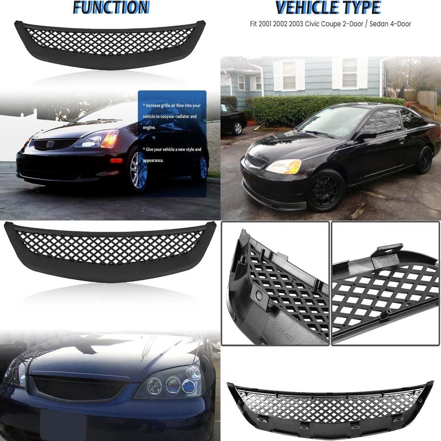 Front Bumper Upper Grill Grille For Honda Civic 2001 2002 2003 Replacement Black