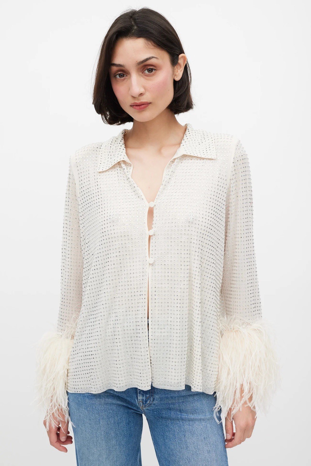 NWOT Self-Portrait Cream Rhinestone Mesh Feather Trimmed Shirt US6 $530