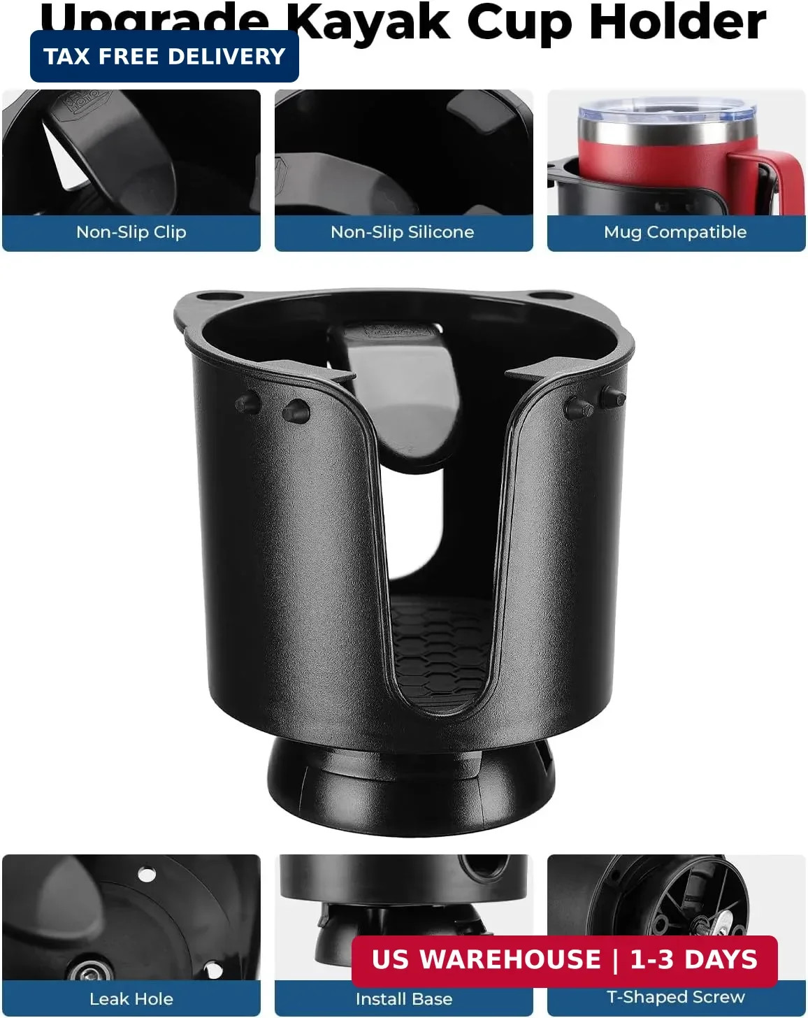 KEMIMOTO Kayak Cup Holder With Track Mount Install, Drink Holder With Anti-Slip