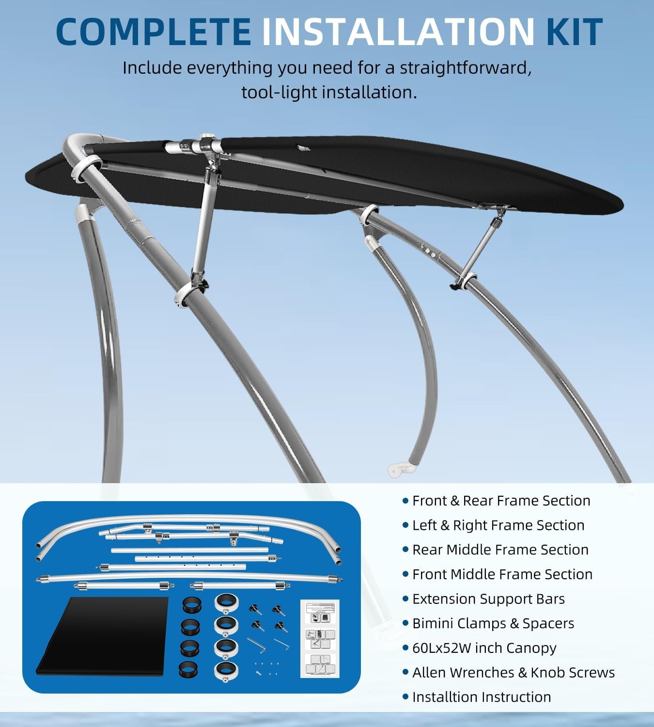 Universal Wakeboard Tower Mounted Flat Cargo Bimini Top Cover 600D Canvas Frame-