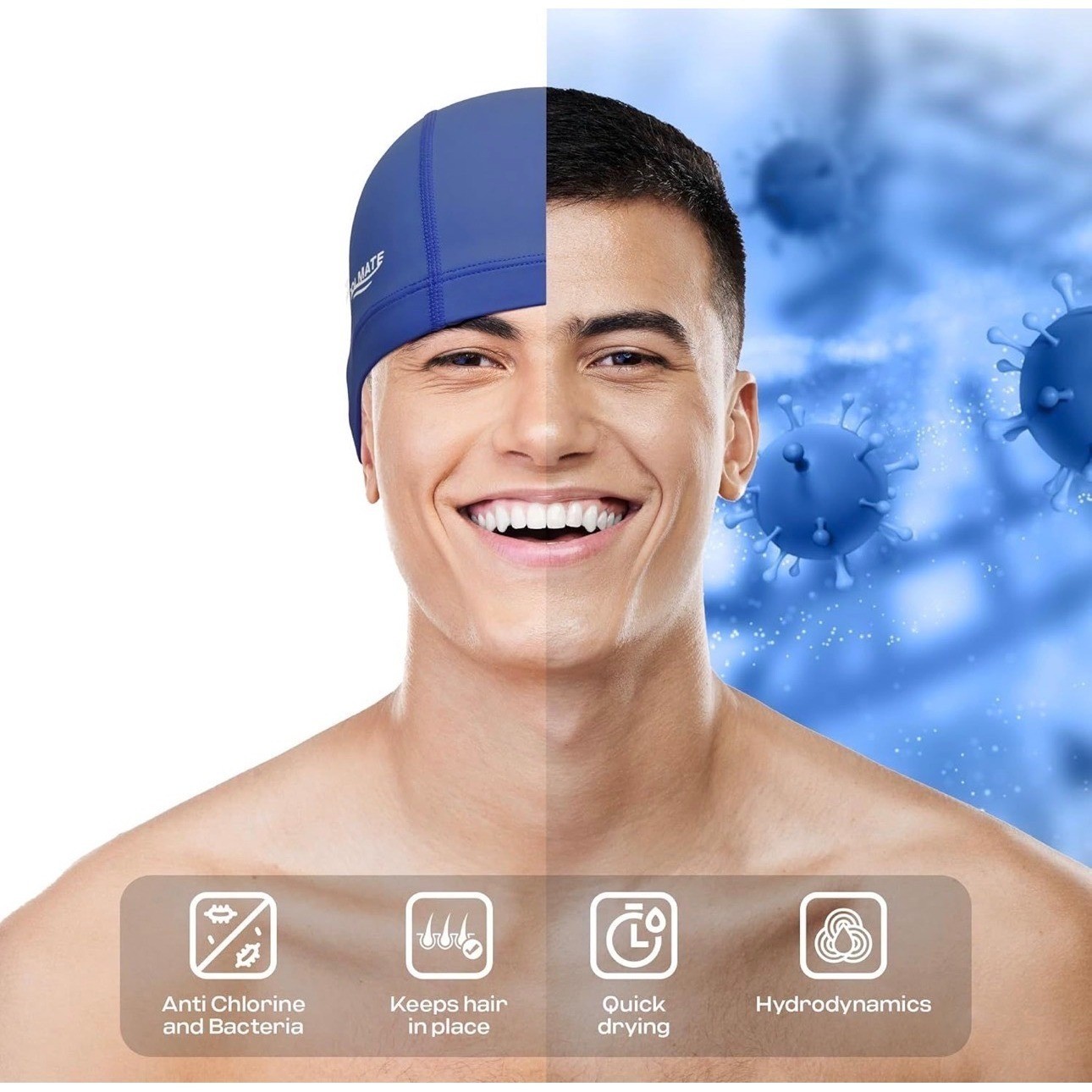 COOLMATE Fabric Swim Cap Blue Large Silicone Water Resistant Lightweight Cloth