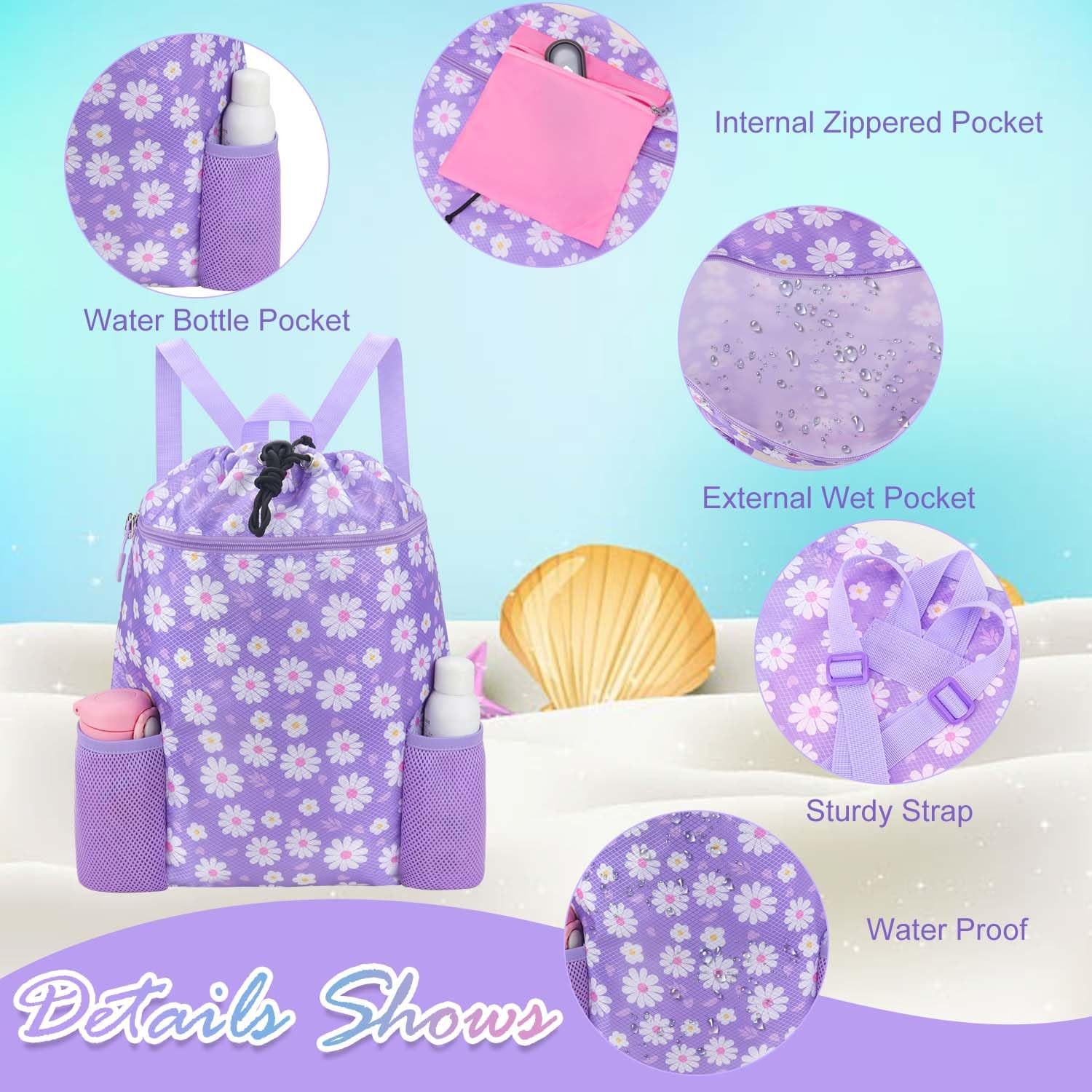 Lightweight Waterproof Swim Bags for Kids – Drawstring Backpack with Bottle