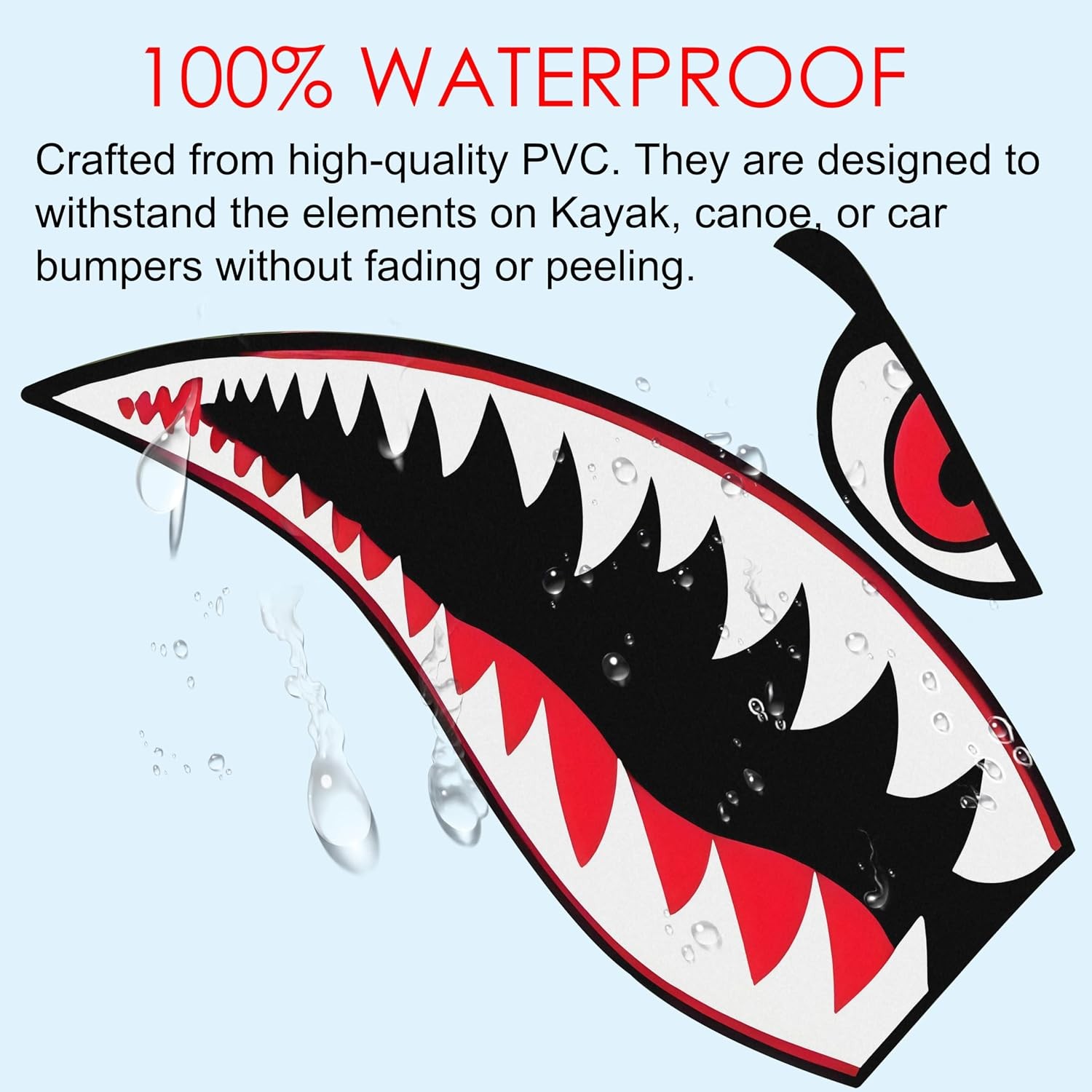 12″ PVC Waterproof Shark Teeth Kayak Decals, Flying Tiger Shark Mouth Fishing