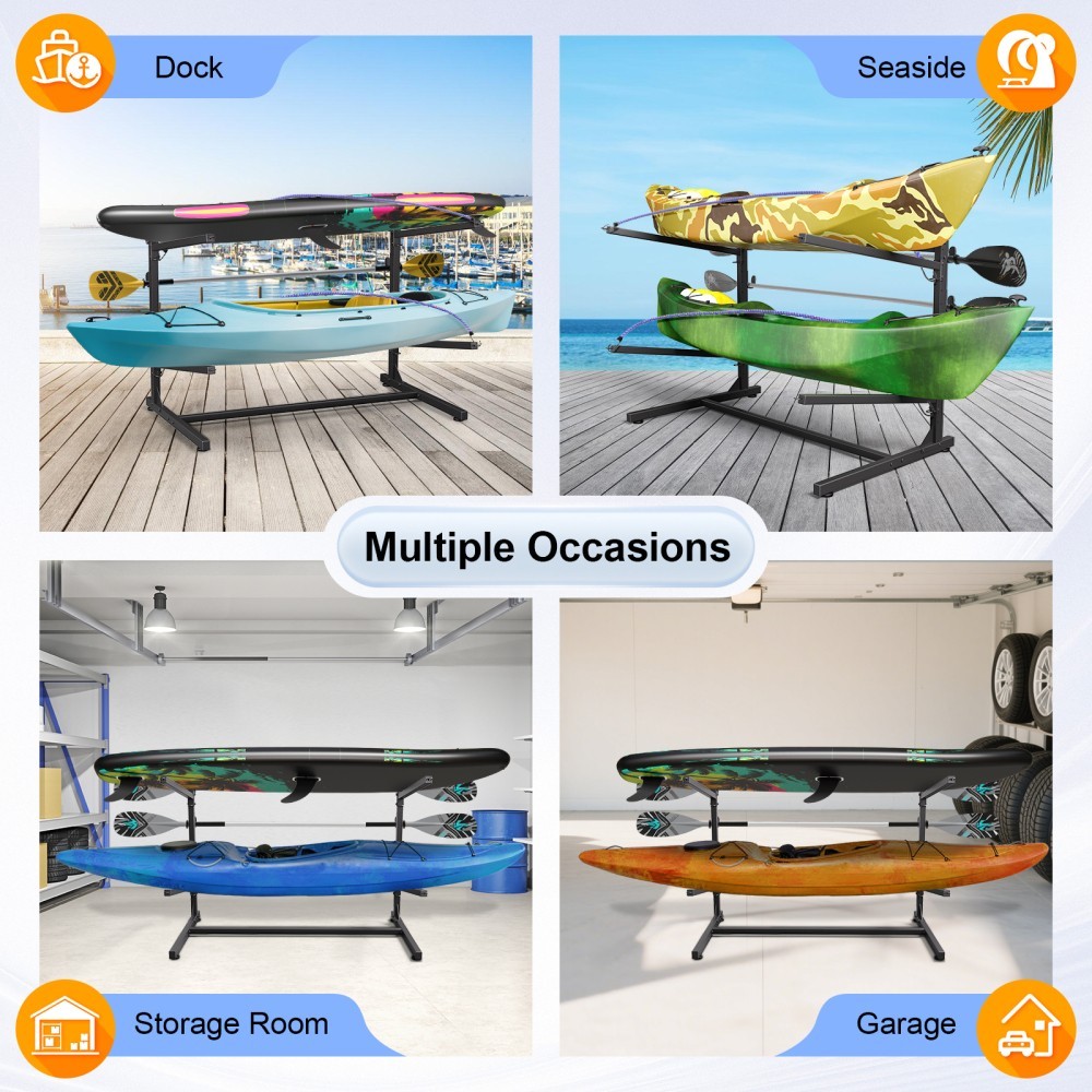 Kayak Storage Rack, Indoor & Outdoor Freestanding Adjustable for 2Kayak Canoe